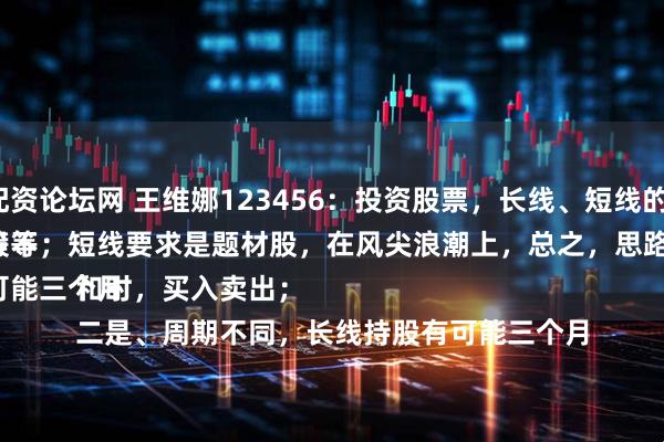 专业股票配资论坛网 王维娜123456:投资股票,长线、短线的四个观点。
一是、选股不同,长线持股要求业绩,分红等等;短线要求是题材股,在风尖浪潮上,总之,思路是天时地利人和时,买入卖出;
二是、周期不同,长线持股有可能三个月